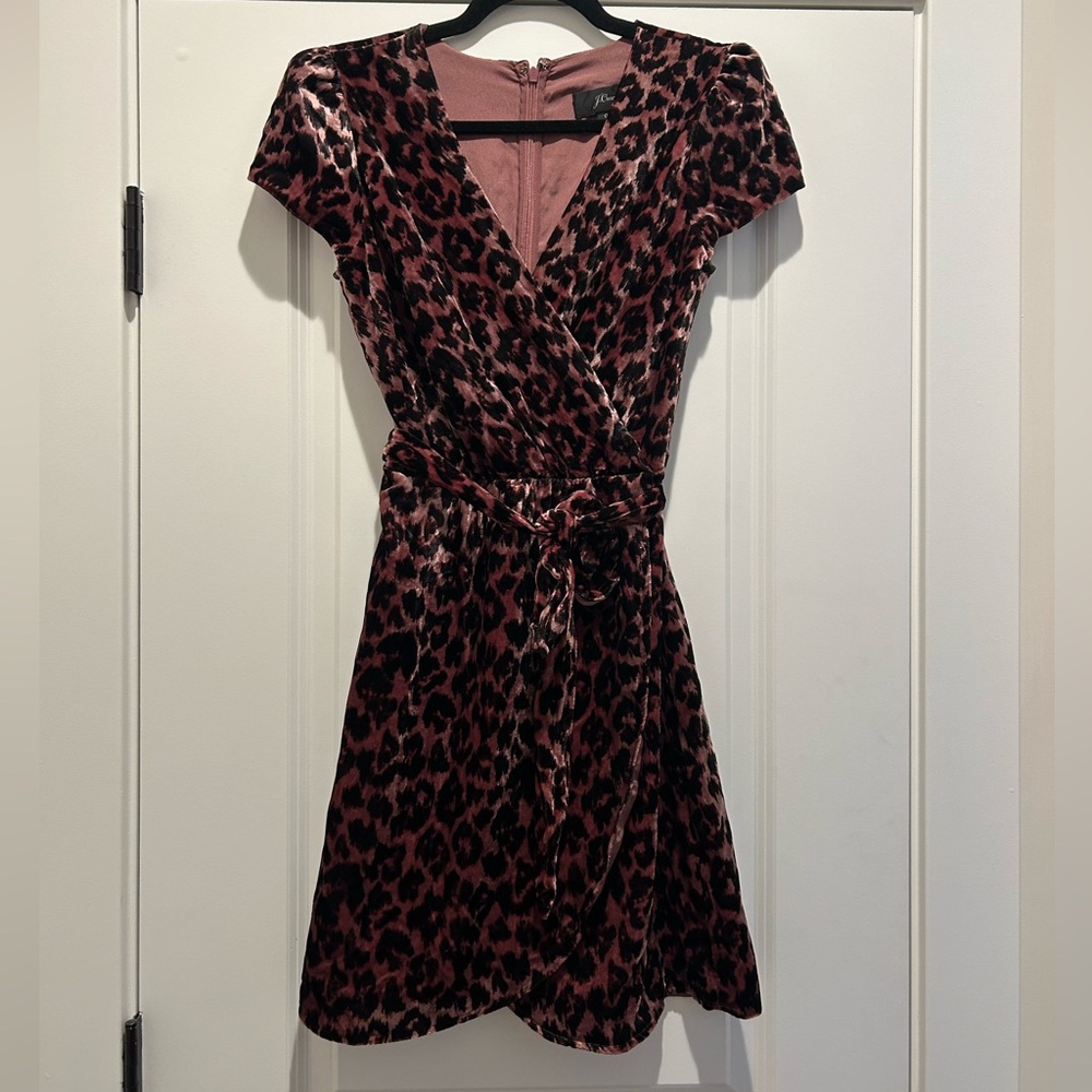 J.Crew Faux Wrap Velvet Leopard Print Dress Size 0 Mauve Pink - Picture 2 of 8